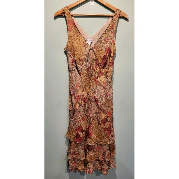 Y2K 100% Silk Tan Red Floral Babydoll Ruffle Beaded Midi Dress Sz 14 Dress Barn - Picture 1 of 7